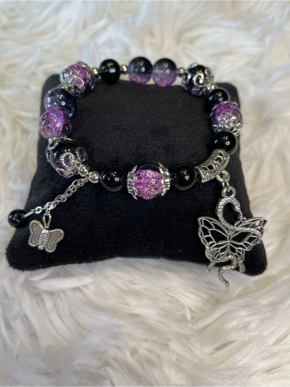 Crackle Bead Butterfly Charm Bracelet with Silver Accents